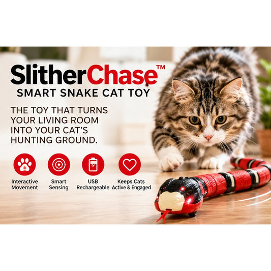 SlitherChase Smart Snake Cat Toy hero image with cat