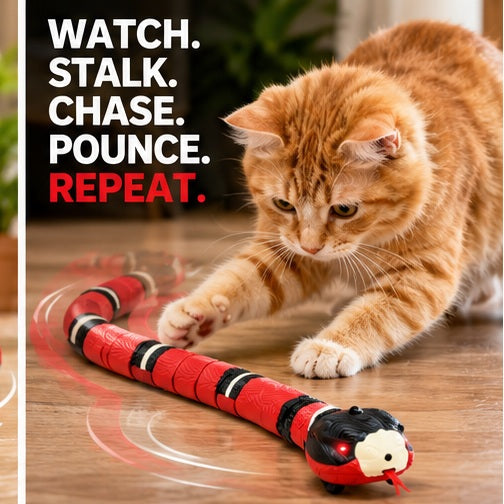 Cat chasing SlitherChase interactive snake toy